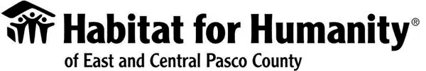 Black and white logo of Habitat for Humanity of East and Central Pasco County, featuring the iconic house and family symbol to the left of the organization’s name.