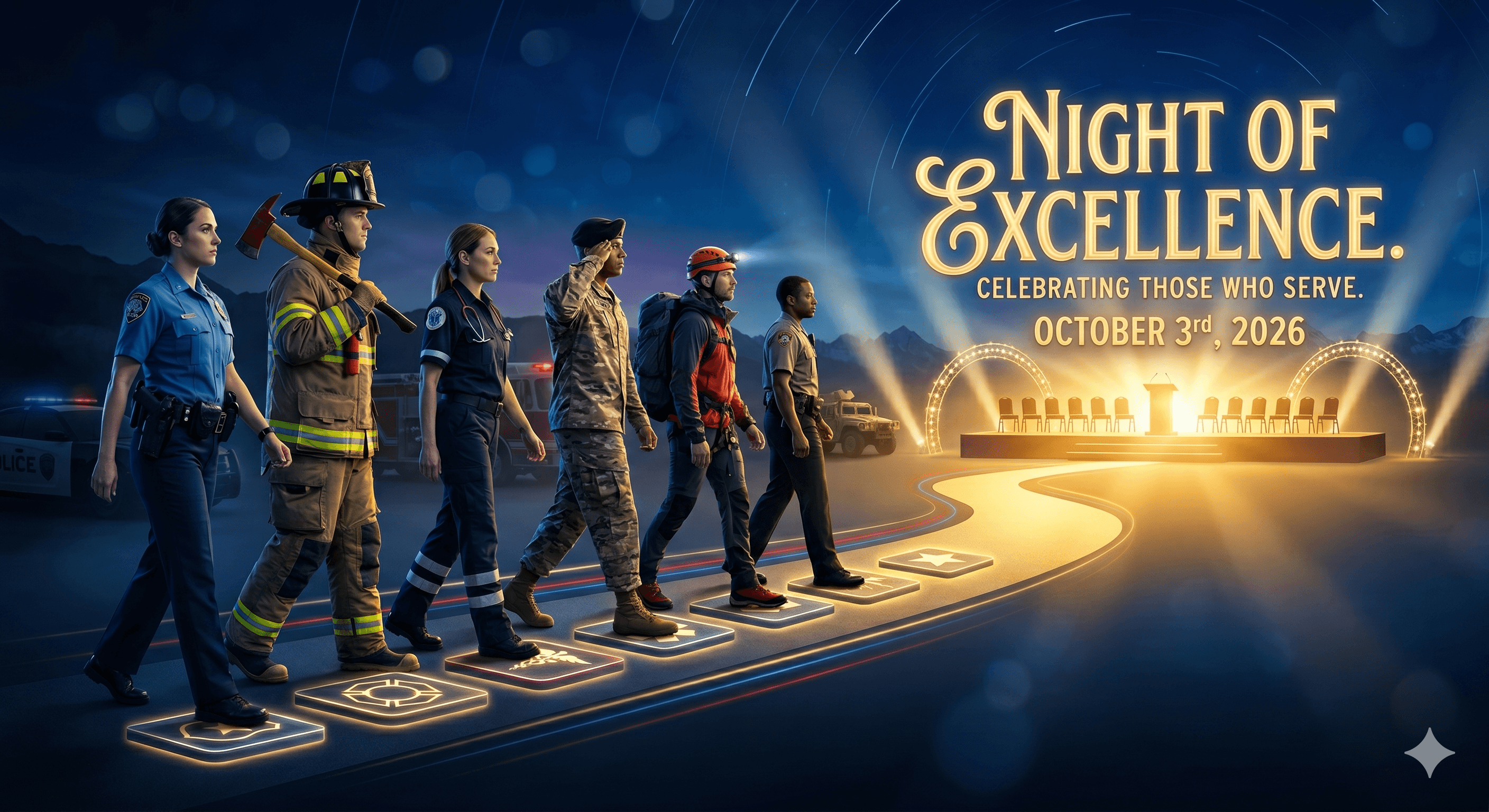 Promotional graphic for the Night of Excellence event on October 3rd, 2026. A line of first responders, including police, fire, EMS, military, and search and rescue, walk along a glowing path toward a brightly lit stage under a starry mountain sky. Text r