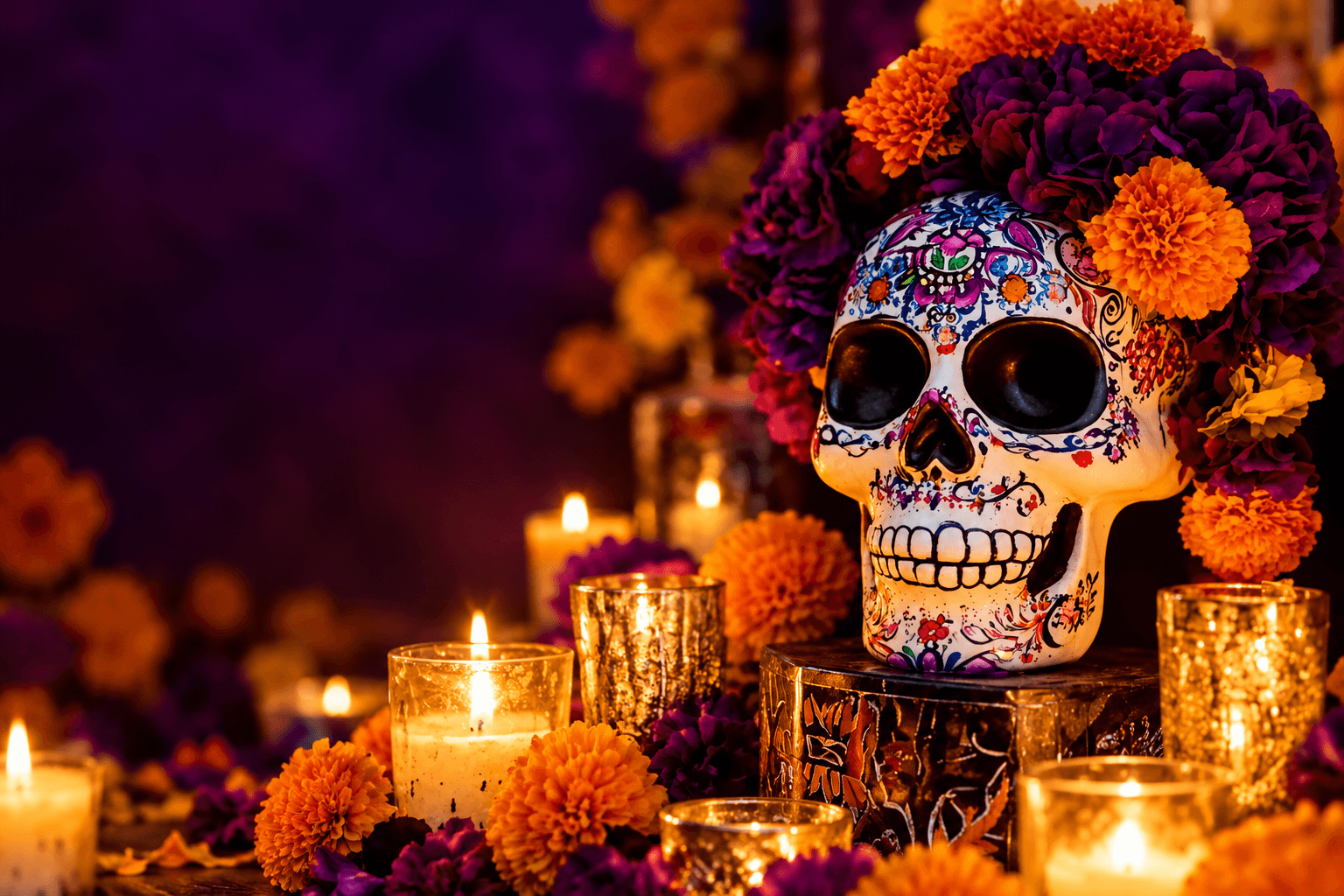 Painted Día de los Muertos sugar skull surrounded by orange marigolds and warm candlelight.