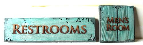 GA16632 - Antique Look, Carved, Painted Wood Signs for Restrooms  and Mens Room 