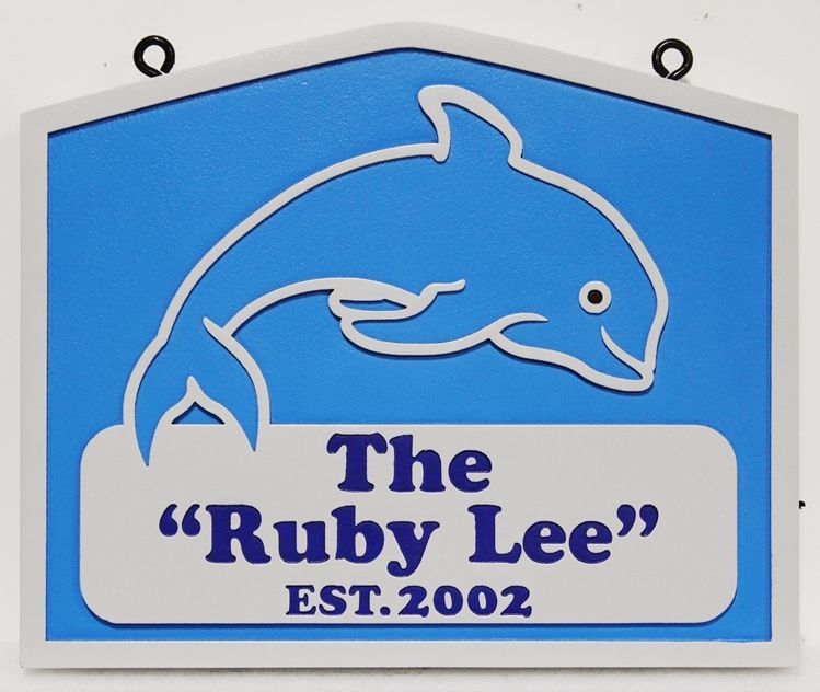 L21390 - Carved  2.5-D Multi-level Relief HDU Coastal Residence Name  Sign "The Ruby Lee", with a Leaping Dolphin as Artwork
