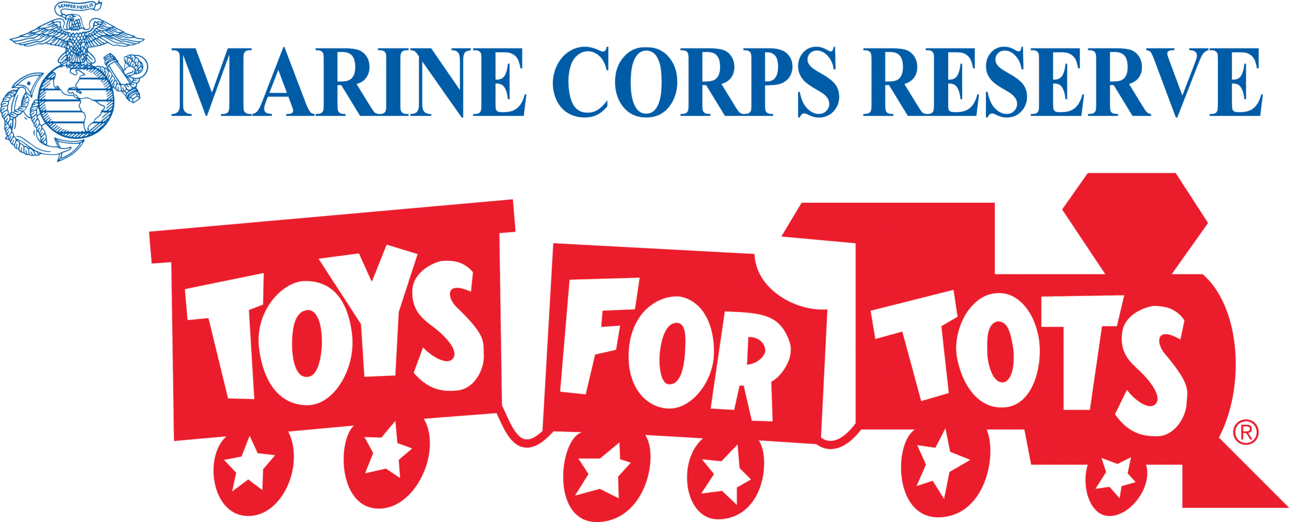 Marine Corps Reserve Toys for Tots logo with a red toy train and blue text.