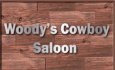 M1853 - Carved Rustic 3-D  Faux Wood Sign for Woody's Cowboy Saloon, with the Appearance of  Multiple Rough Grain Boards