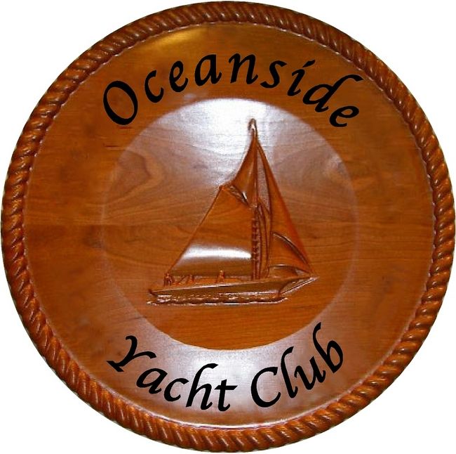 N23203 - Mahogany Yacht Club Round Wall Plaque with Carved Sailboat
