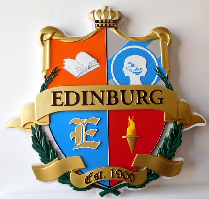 XP-1230 - Carved Plaque of Coat-of-Arms with Crown and Shield, Edinburg, Artist Painted 