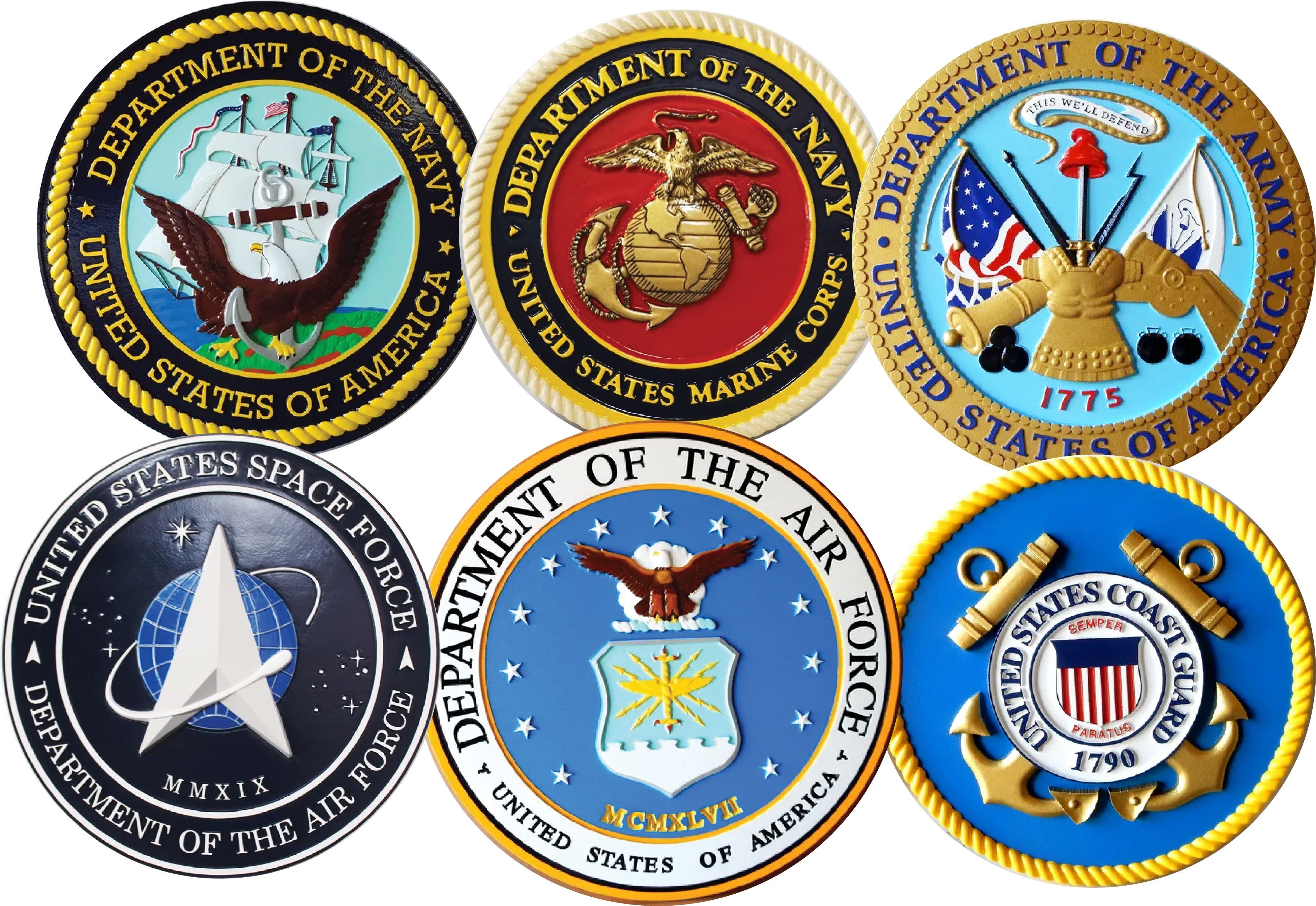 IP-1160 -  Set of Six Carved Plaques of the Seals of the Five Armed Forces, Navy, Marines, Air Force, Army & Coast Guard, Artist Painted