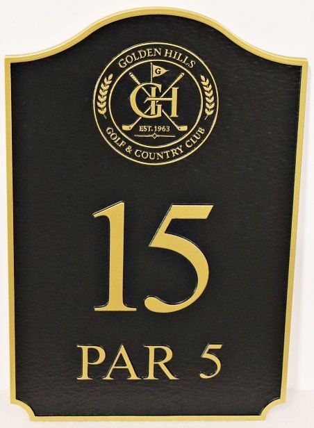 E14435- Carved Golf Course Tee Sign for Hole 15 Par 5 for "Golden Hills Golf & Country Club" with Logo