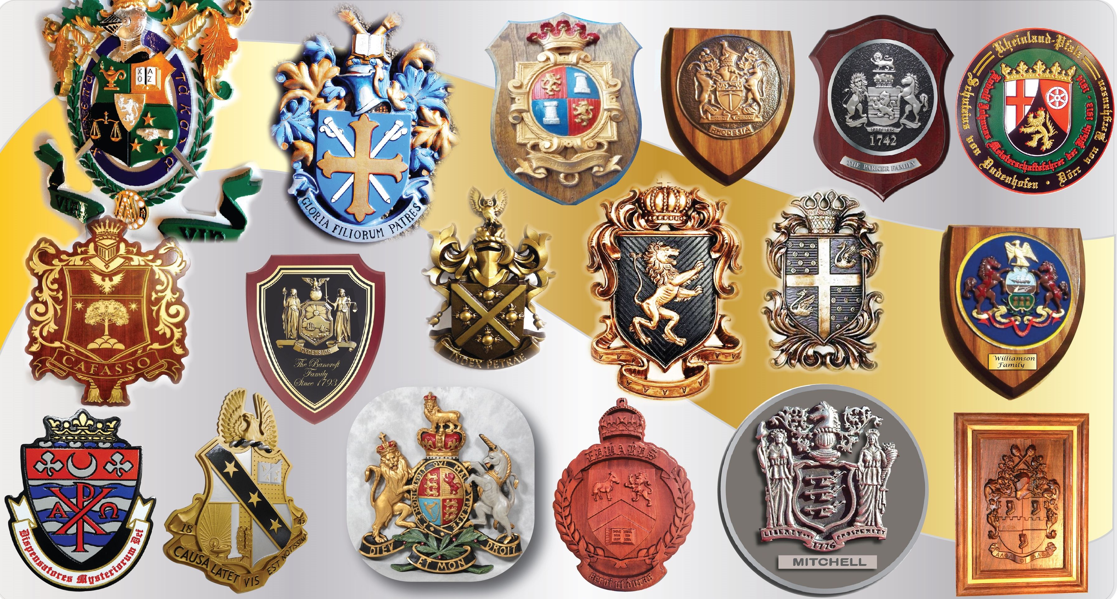 Carved 3-D Wood, Bronze, Brass, Silver or Painted Coat-of-Arms Plaques