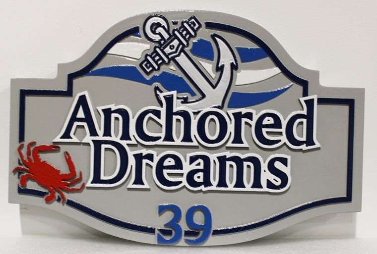 L21755 - Carved 2.5-D HDU  Nautical  Sign, "Anchored Dreams” , features an Anchor and a Crab as Artwork