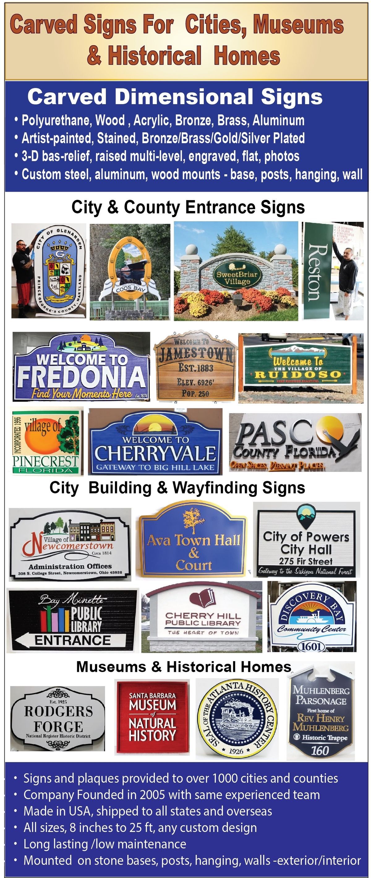 City and village welcome, entrance and wayfinding signs.
