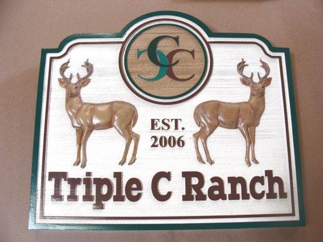 M22605 - 3-D Carved and Sanblasted (Wood Grain)  HDU Triple C  Ranch Sign with Mule Deer