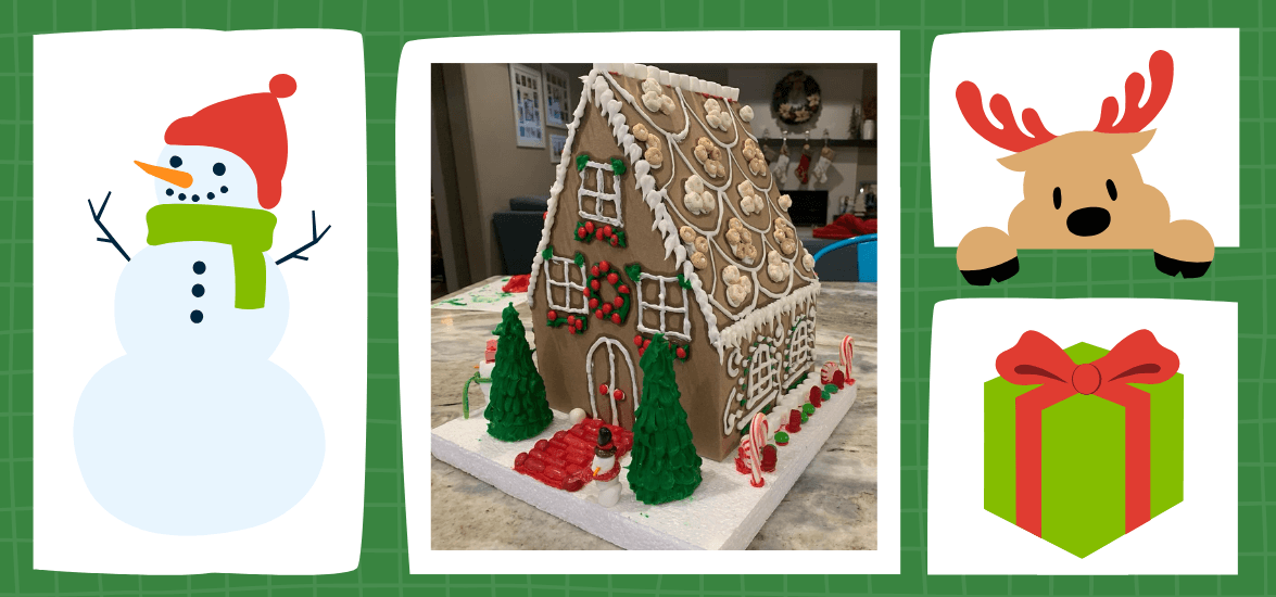 Collage of candy house image and holiday elements