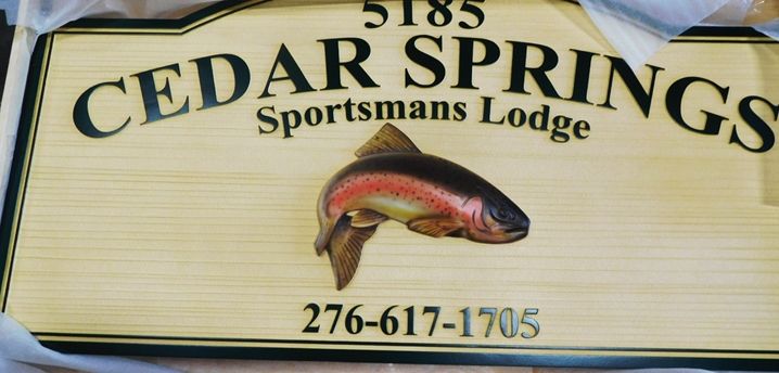 T29146 - Carved and Sandblasted Wood Grain Signs for the Cedar Springs Sportsman's Lodge, 3-D Artist-Painted Rainbow Trout as Artwork 