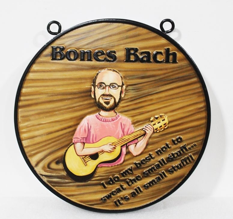 UP-3230- Carved Hanging Plaque Featuring  Bones Bach, Guitarist, with Faux Wood Grain Background 