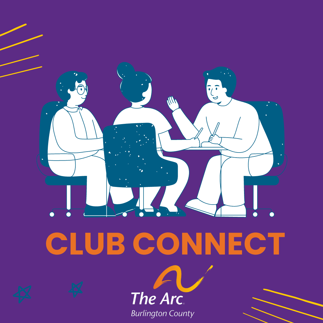 The image shows an illustration of three people sitting in chairs around a table, engaging in conversation and writing. The background is purple with yellow and white star-like accents. Below the illustration, the text "CLUB CONNECT" is written in bold or