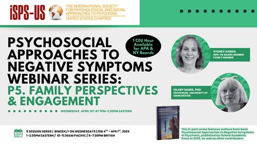 April 1, 2026 1pm-2:30pm – Session 5: "Family Perspectives and Engagement" with Sydney Harris and Hilary Mairs, PhD