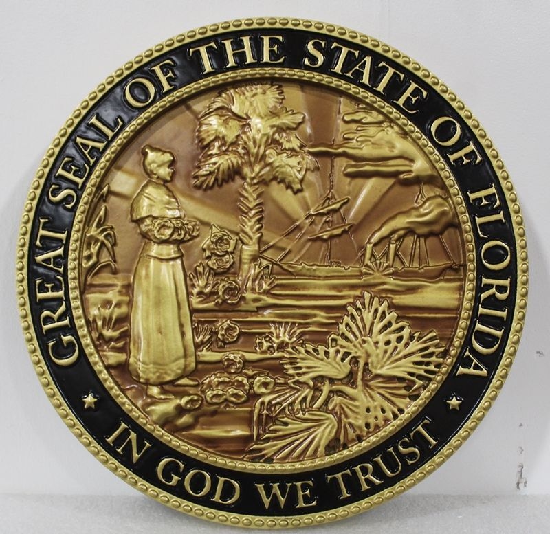 BP-1137 - Carved 3-D Brass-Plated HDU Plaque of the Seal of the State of Florida
