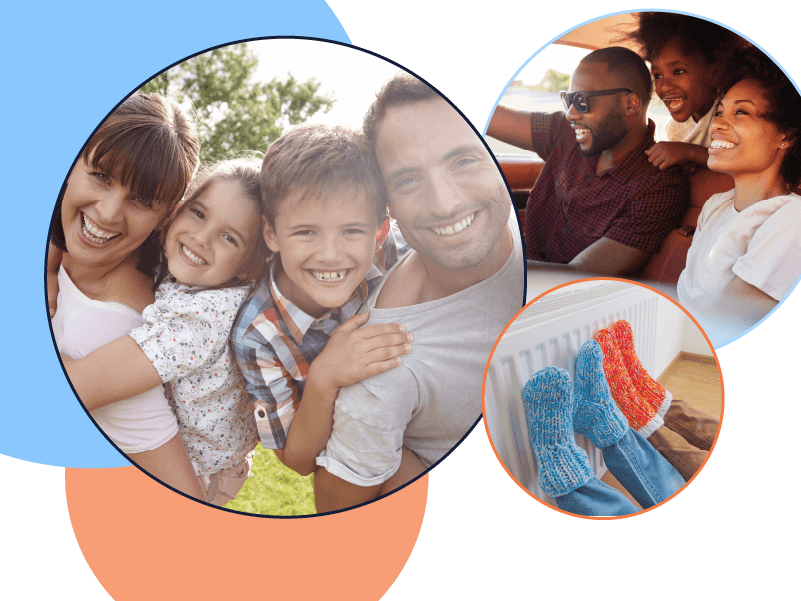 Three photos - a family outside, a family in their car, and two people warming their socked feet