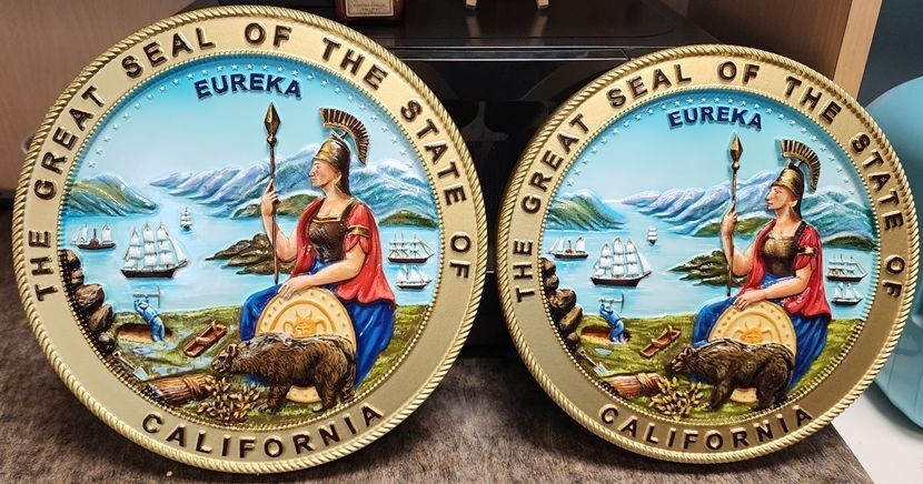 BP-1031- - Carved Plaque of the Seal of the State of California, Artist Painted