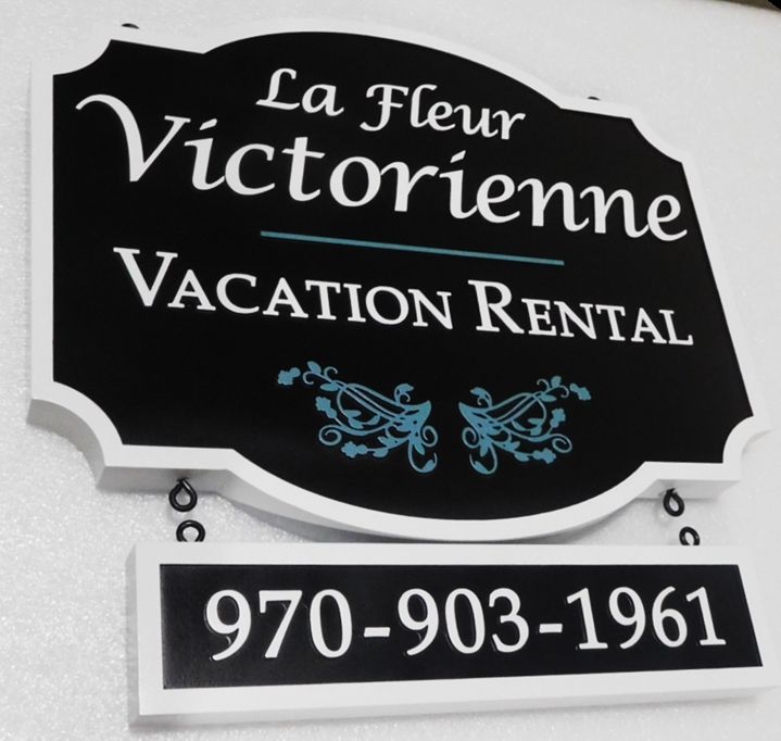 T29023 - Carved Sign for the "La Fleur Victorienne" Vacation Rental, 2.5-D with Rider Sign Below Main Sign 