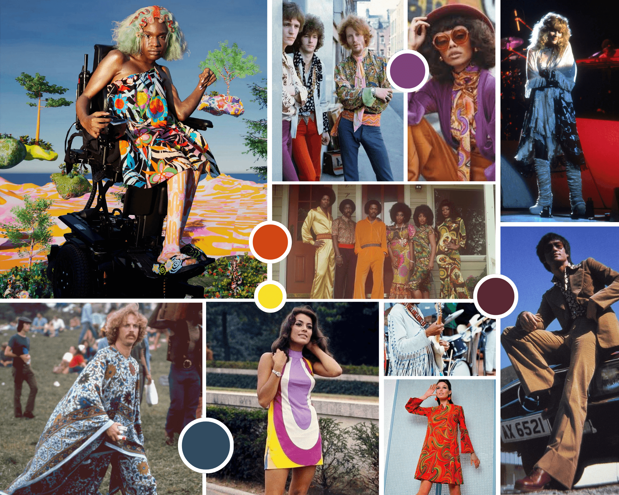 Collage of 1960s–70s Flower Power fashion featuring psychedelic prints, bell-bottoms, mini and maxi dresses, fringed pieces, oversized sunglasses, and bold, colorful styling.