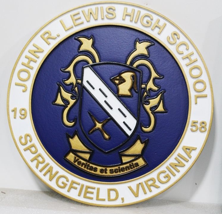 TP-1094 - Carved 2.5-D Multi-Level Relief HDU Plaque of the Seal of the John R. Lewis High School, Springfield, Virginia