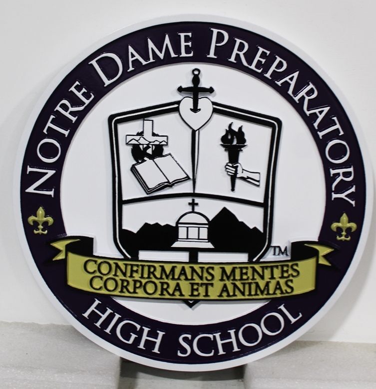 TP-1230 - Carved 2.5-D Multi-Level Plaque of the Seal of the Notre Dame Preparatory School