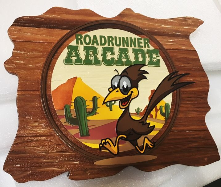 M22955 - Rustic Carved and Sandblasted Cedar Sign "Roadrunner Arcade", with a Desert Roadrunner as Artwork 