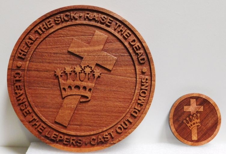 UP-1137 - Carved Plaque of Christian Religious Emblem (Cross & Crown), 2.5-D Multi-Level Relief Stained Redwood 