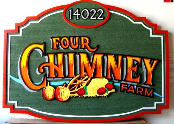 O24708 - Carved HDU Entrance Sign  to "Four Chimney" Fruit and Vegetable Farm 