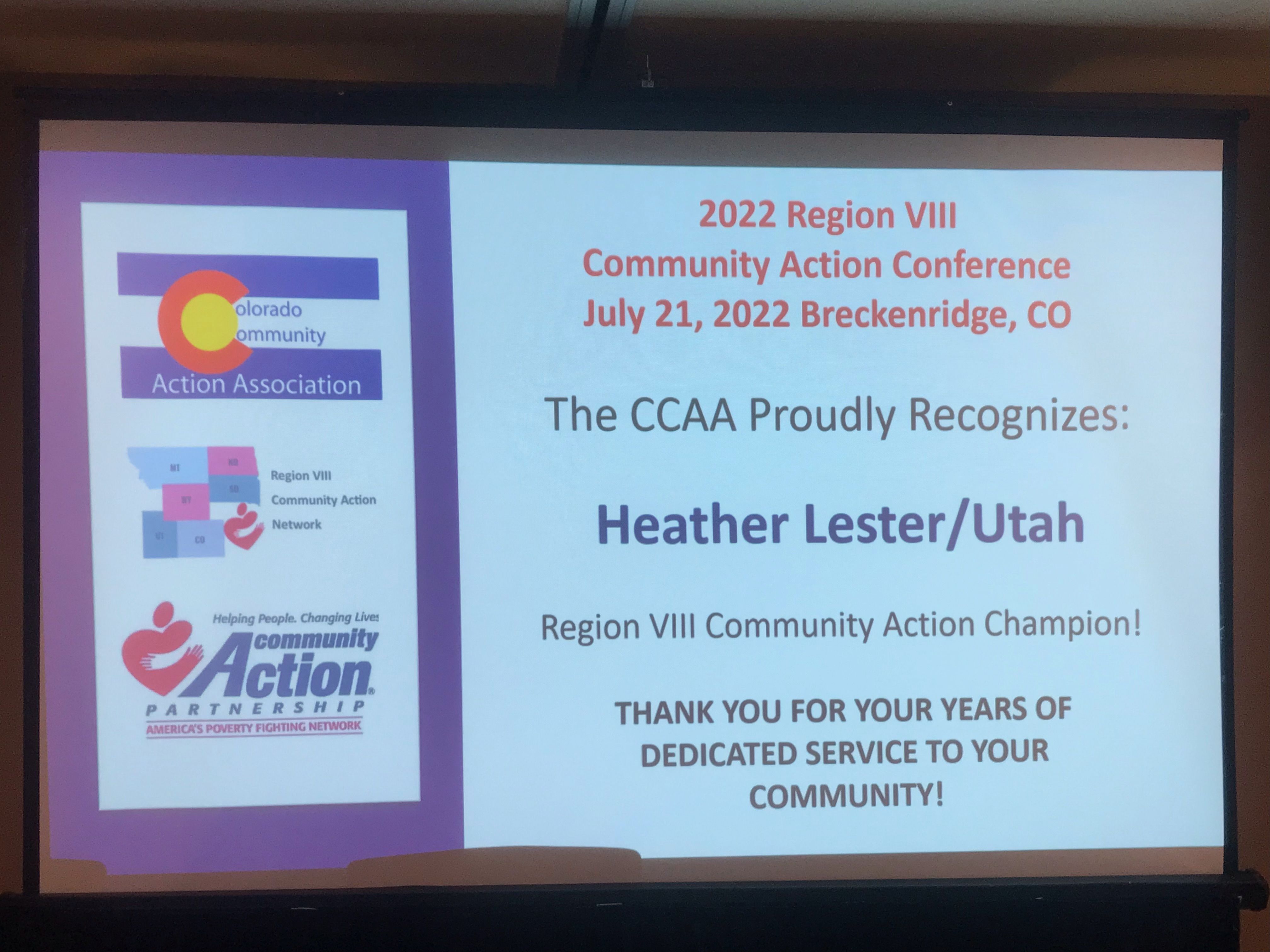 Heater Lester, Landlord Tenant mediator at Utah Community Action (AKA Salt Lake Community Action Partnership), was one of six Community Action Champions recognized for their work at the 2022 Region 8 Community Action Partnership Conference on Thursday, Ju