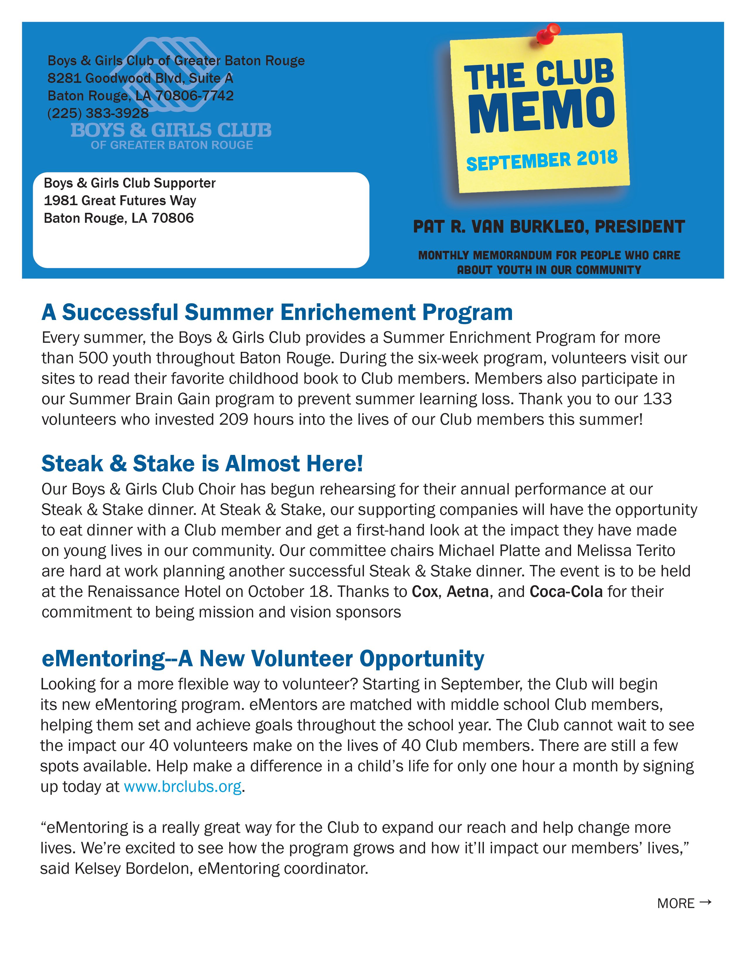 September 2018 Club Memo