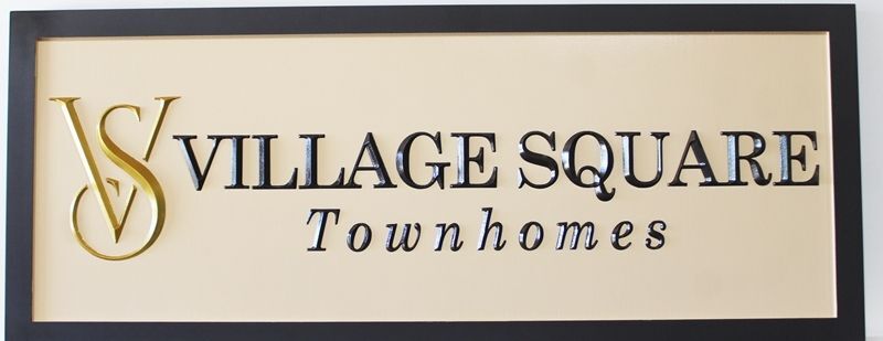 K20439 - Carved 3-D High-Density-Urethane (HDU) Elegant  Entrance  Sign for  the " Village Square Townhomes " , with Prismatic Raised Text and Monogram Artwork