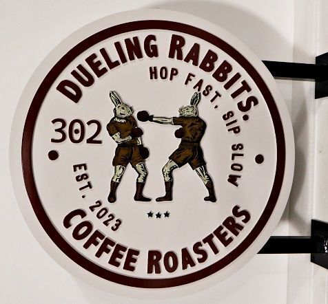 Q25416A - Carved and Sandblasted HDU Sign for "Dueling Rabbits Coffee Roasters"