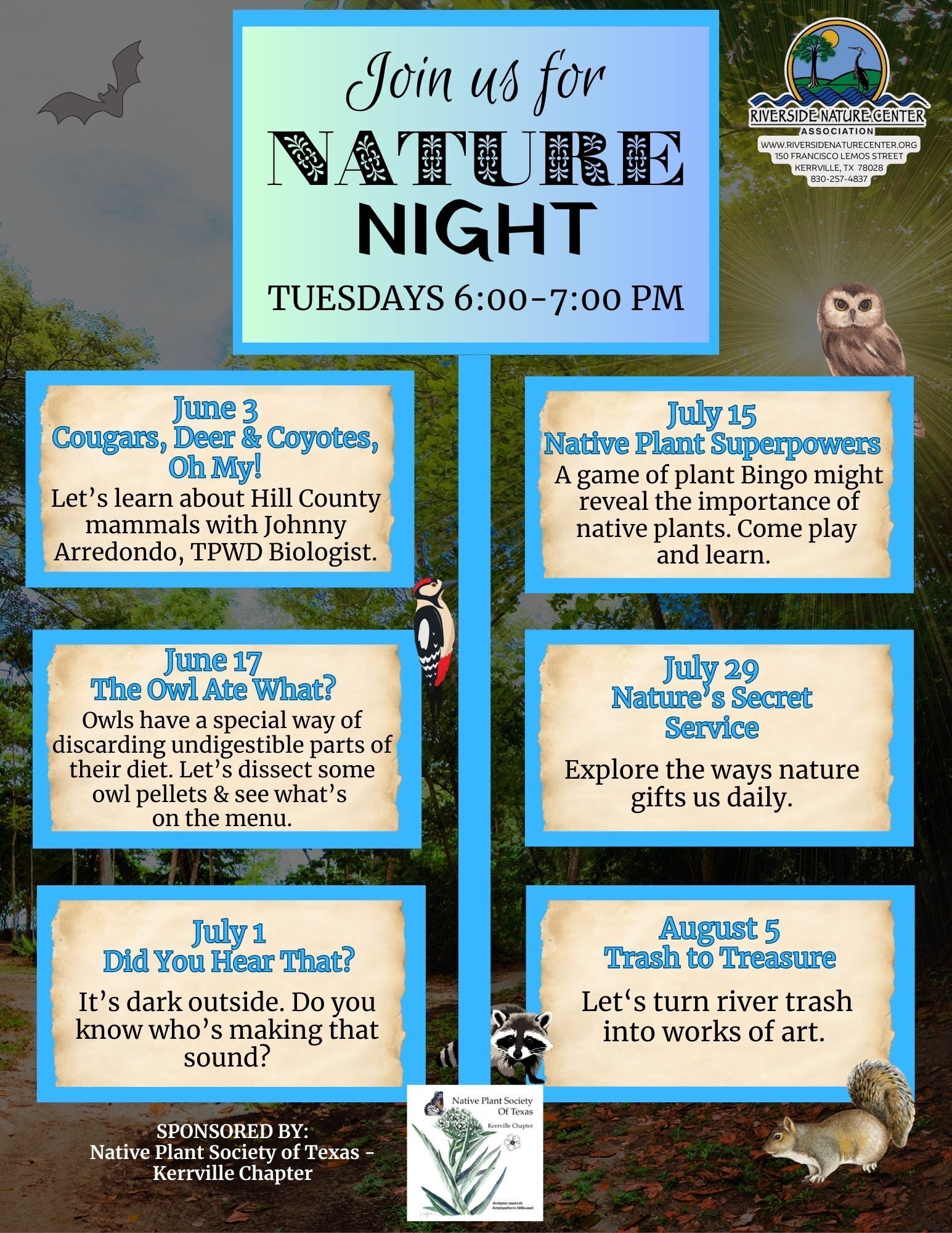 Nature Night, Owl, Kerrville Texas, Biology, explore, Education, Nature, Science, Riverside Nature Center