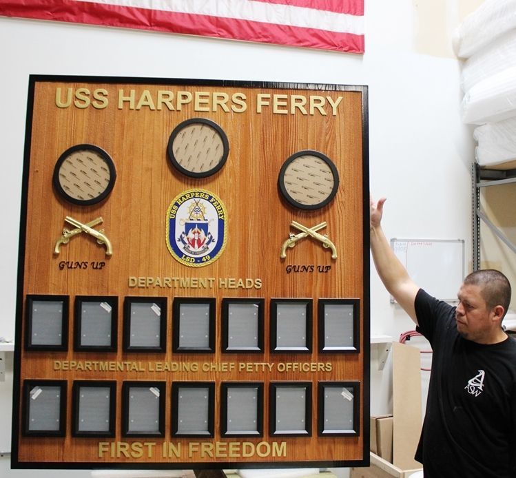 JP-1333 - Carved Redwood Chain-of-Command Board for the USS Harper's Ferry, LSD-49,