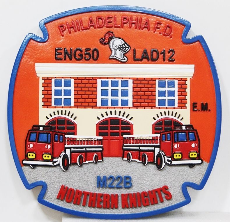 QP-3072- Carved Wall Plaque of  the Seal/Logo of  Engine 50 / Ladder 12 ("Northern Knights) of the Philadelphia City Fire Department
