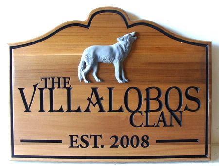 M22904 - Carved Cedar Wood Cabin Sign for  "The Villalobos Clan" with Howling Woof
