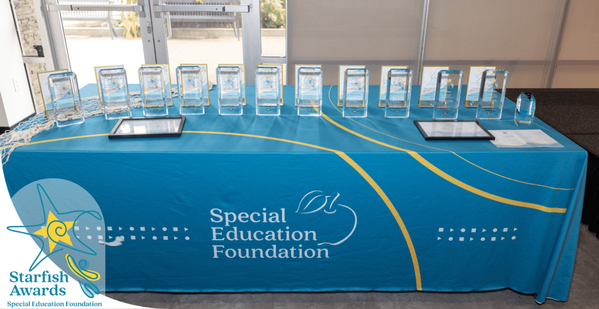 table with awards on it