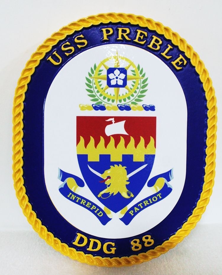 JP-1295 - Carved High-Density-Urethane Plaque of the Crest of the USS Preble, an Arleigh-Burke Class Destroyer (DDG 88)