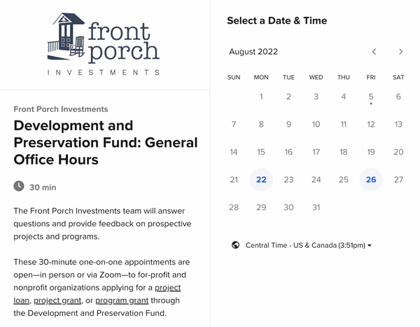 Screenshot of a calendar platform for General Open Office Hours
