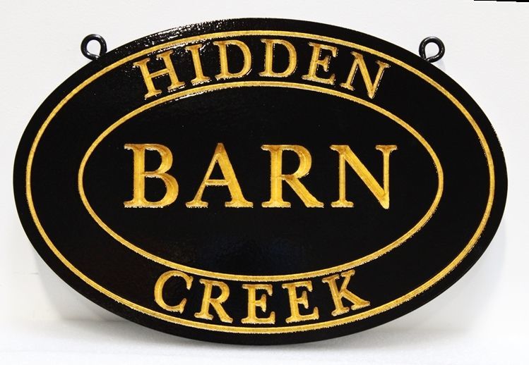 O24824 - Engraved HDU Sign for the  Hidden Creek Barn , with 24K Gold-Leaf Gilded Text and Borders