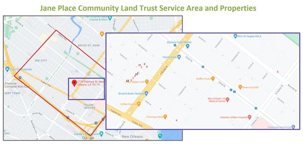 A map highlighting the Jane Place Community Land Trust and Service Area and it's rental properties