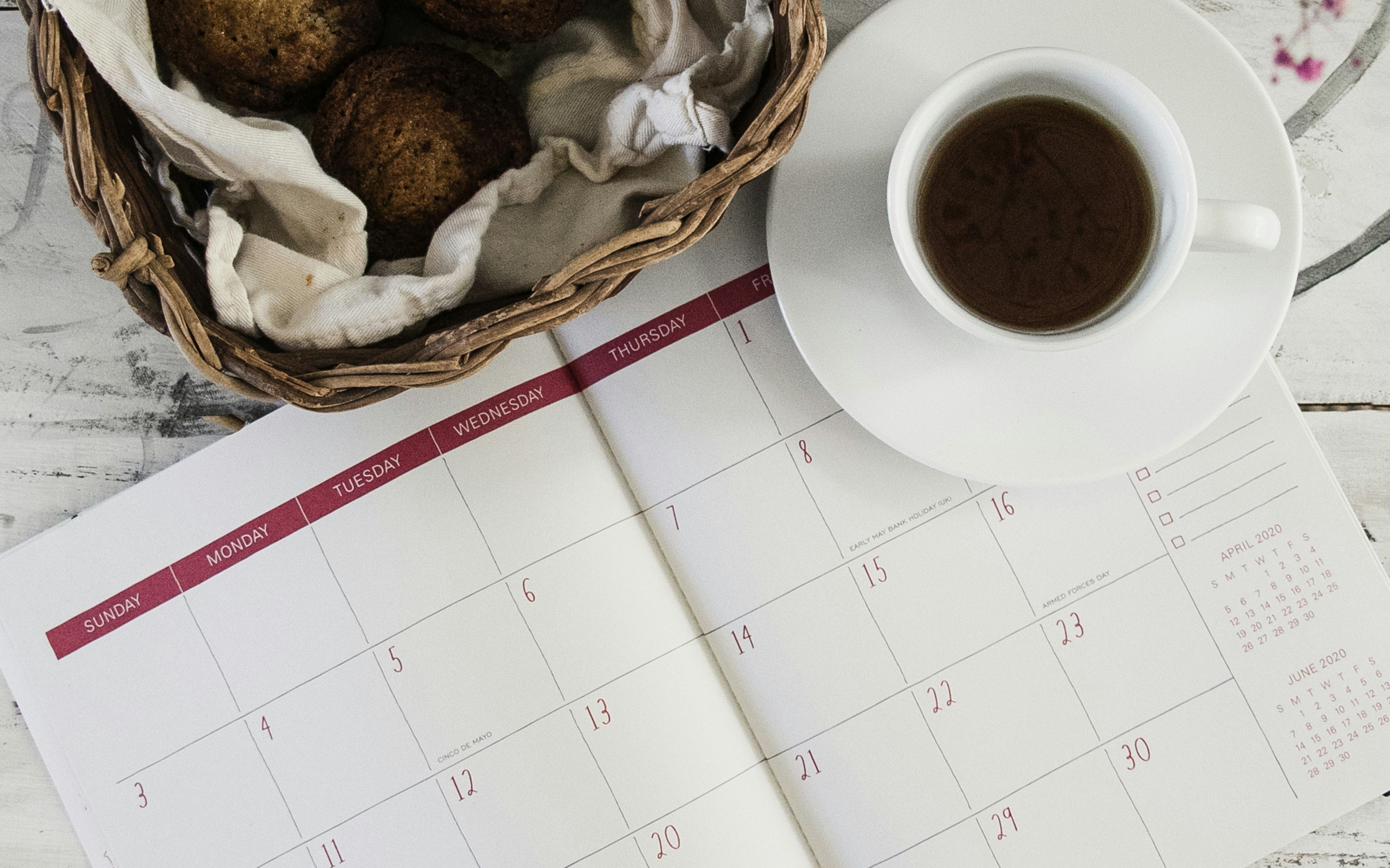 a notepad that says "events" and a clock to remind you that you can use the calendar to find our events