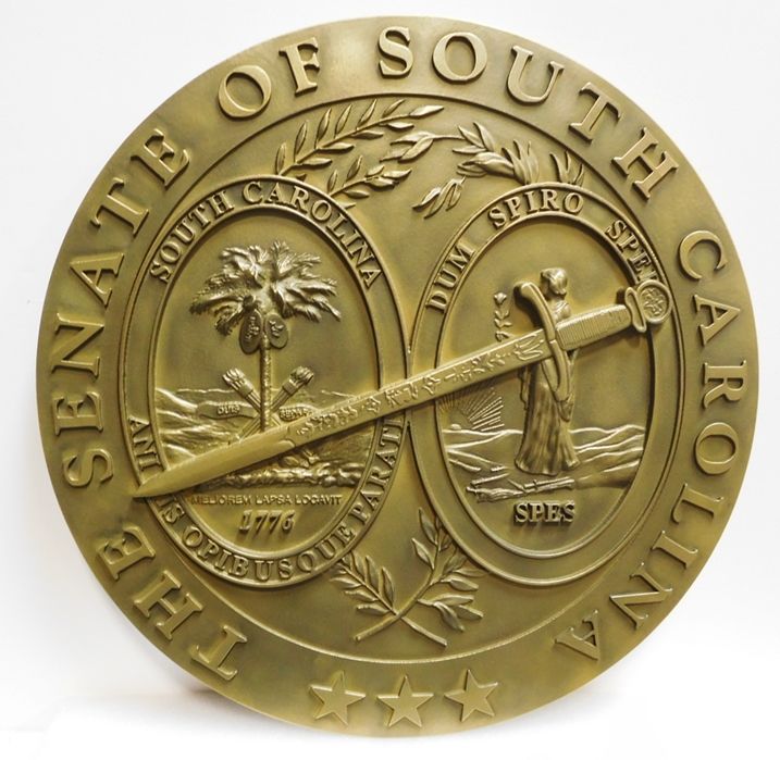 BP-1486 - Carved Plaque of the Great Seal of the State of South  Carolina Senate, Brass Plated