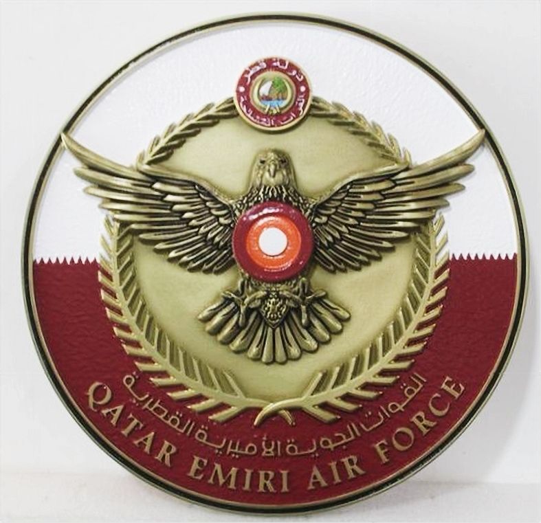 OP-1075 - Carved 3-D Bas-Relief Brass-Plated HDU Plaque of the Crest for the Qatar Emiri Air Force. Persian Gulf