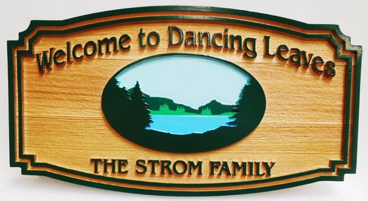 M22357 - Carved and Sandblasted Cedar Wood  Cabin Name Sign "We Like It" , 2.5-D , Artist-Painted with Scene of Lake, Trees and Mountains