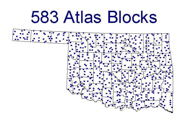 This map shows the 583 randomly-selected blocks of land selected to be surveyed for birds across Oklahoma.