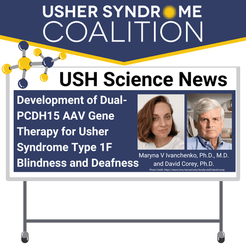 USH Science News. The title of the paper is: "Development of Dual-PCDH15 AAV Gene Therapy for Usher Syndrome Type 1F Blindness and Deafness"