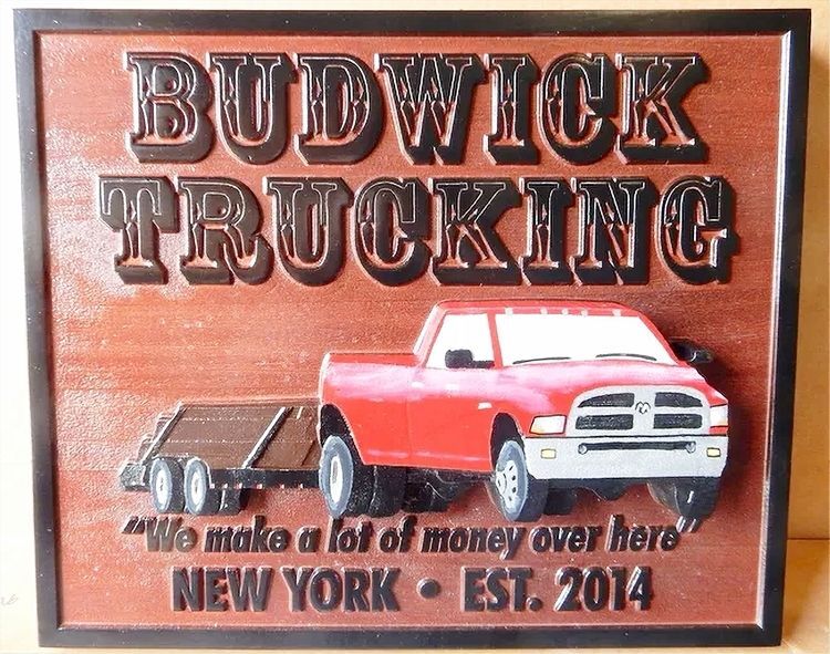 SC38334 - Carved Cedar Sign for Trucking Company, with 3-D Pickup Truck as Artwork 